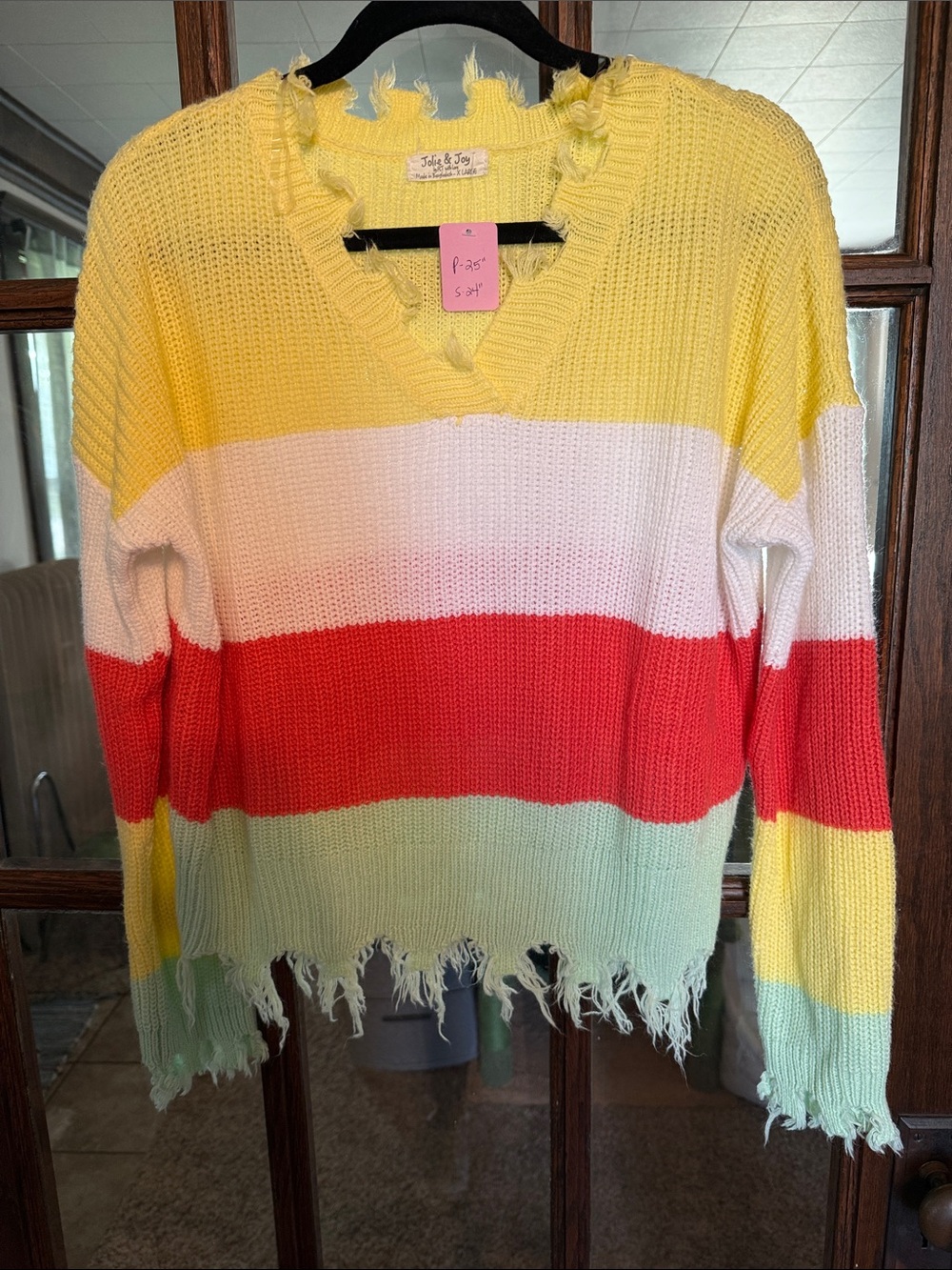 Jolie & Joy Distressed Colorblock Striped V-Neck Sweater XL Festival Boho Grunge